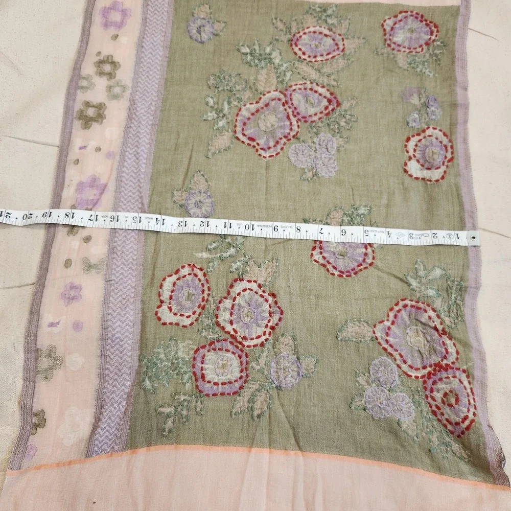 New J. Jill Cotton Floral Embroidered Fringe Scarf Pink Green Kantha Light